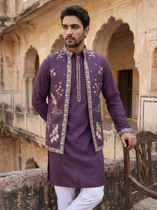 Silk Blend Floral Embroidered Kurta Set with Waistcoat