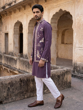 Silk Blend Floral Embroidered Kurta Set with Waistcoat