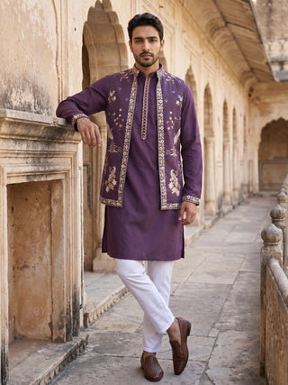 Silk Blend Floral Embroidered Kurta Set with Waistcoat