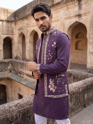 Silk Blend Floral Embroidered Kurta Set with Waistcoat