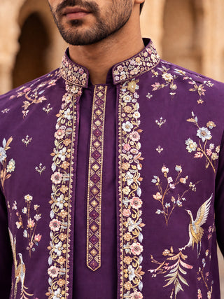 Silk Blend Floral Embroidered Kurta Set with Waistcoat