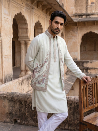 Silk Blend Kurta Pyjama with Embroidered Jacket
