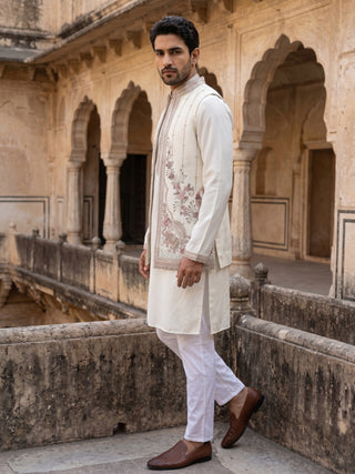 Silk Blend Kurta Pyjama with Embroidered Jacket