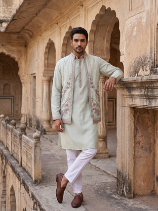 Silk Blend Kurta Pyjama with Embroidered Jacket
