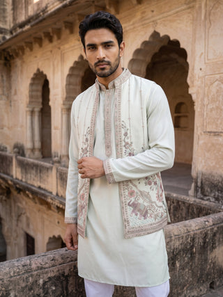 Silk Blend Kurta Pyjama with Embroidered Jacket