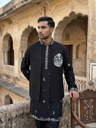 Japanese Fabric Floral Embroidered Kurta Pyjama & Waistcoat Set