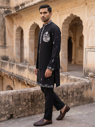 Japanese Fabric Floral Embroidered Kurta Pyjama & Waistcoat Set