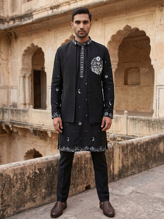 Japanese Fabric Floral Embroidered Kurta Pyjama & Waistcoat Set