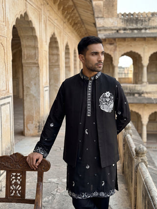 Japanese Fabric Floral Embroidered Kurta Pyjama & Waistcoat Set