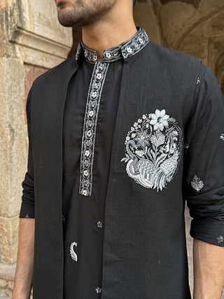 Japanese Fabric Floral Embroidered Kurta Pyjama & Waistcoat Set
