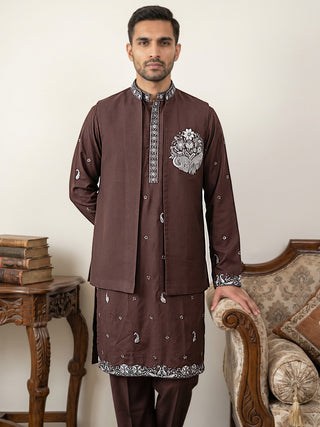 Japanese Fabric Floral Embroidered Kurta Pyjama & Waistcoat Set