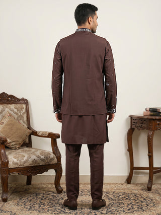 Japanese Fabric Floral Embroidered Kurta Pyjama & Waistcoat Set