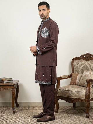 Japanese Fabric Floral Embroidered Kurta Pyjama & Waistcoat Set
