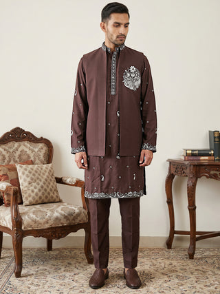 Japanese Fabric Floral Embroidered Kurta Pyjama & Waistcoat Set
