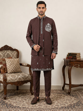 Japanese Fabric Floral Embroidered Kurta Pyjama & Waistcoat Set