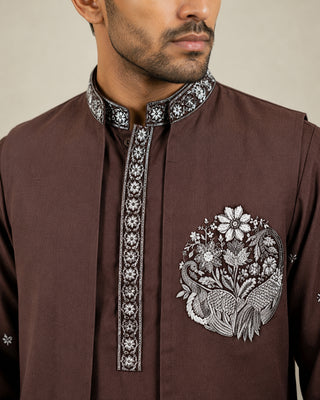 Japanese Fabric Floral Embroidered Kurta Pyjama & Waistcoat Set