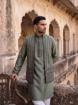 Silk Blend Embroidered Kurta Pyjama & Waistcoat Set