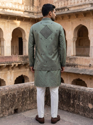 Silk Blend Embroidered Kurta Pyjama & Waistcoat Set