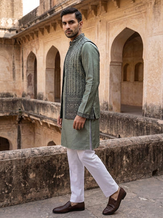 Silk Blend Embroidered Kurta Pyjama & Waistcoat Set