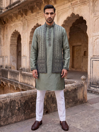 Silk Blend Embroidered Kurta Pyjama & Waistcoat Set