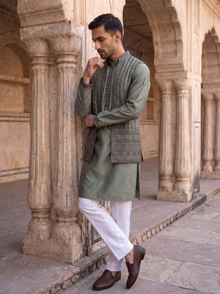 Silk Blend Embroidered Kurta Pyjama & Waistcoat Set
