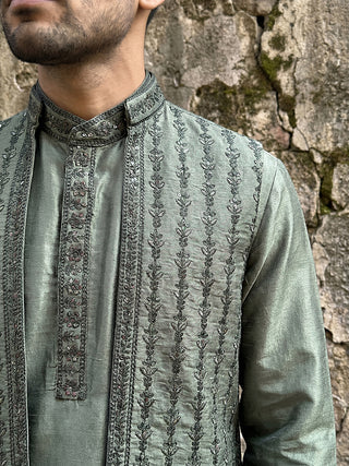 Silk Blend Embroidered Kurta Pyjama & Waistcoat Set