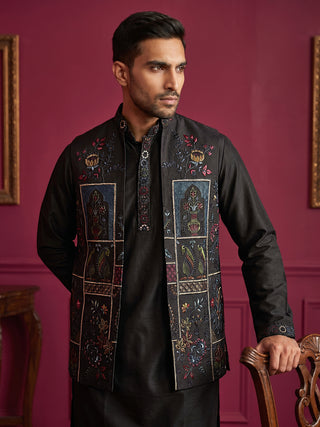 Cotton Blend Embroidered Kurta Pyjama & Waistcoat Set