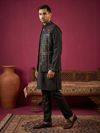 Cotton Blend Embroidered Kurta Pyjama & Waistcoat Set