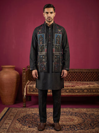 Cotton Blend Embroidered Kurta Pyjama & Waistcoat Set
