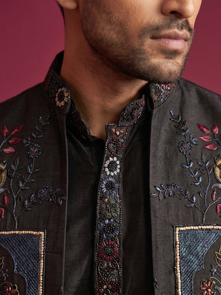 Cotton Blend Embroidered Kurta Pyjama & Waistcoat Set
