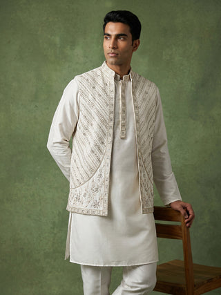Silk Blend Embroidered Kurta Pyjama & Waistcoat Set