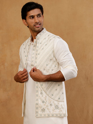 Silk Blend Embroidered Kurta Pyjama & Waistcoat Set