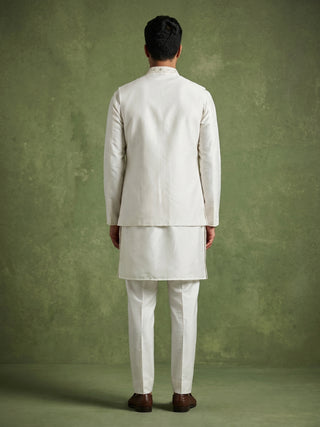 Silk Blend Embroidered Kurta Pyjama & Waistcoat Set
