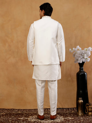 Silk Blend Embroidered Kurta Pyjama & Waistcoat Set