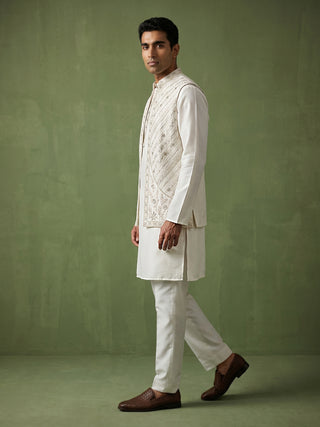 Silk Blend Embroidered Kurta Pyjama & Waistcoat Set