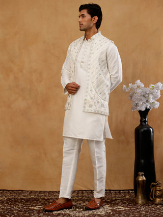 Silk Blend Embroidered Kurta Pyjama & Waistcoat Set