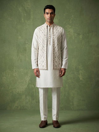 Silk Blend Embroidered Kurta Pyjama & Waistcoat Set