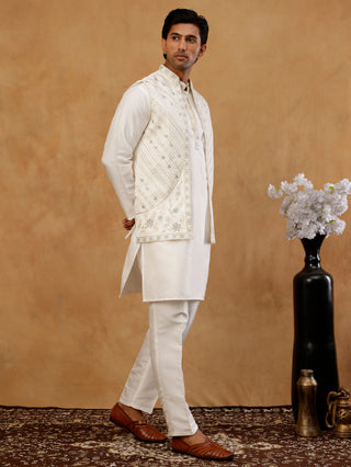 Silk Blend Embroidered Kurta Pyjama & Waistcoat Set