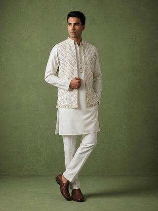 Silk Blend Embroidered Kurta Pyjama & Waistcoat Set