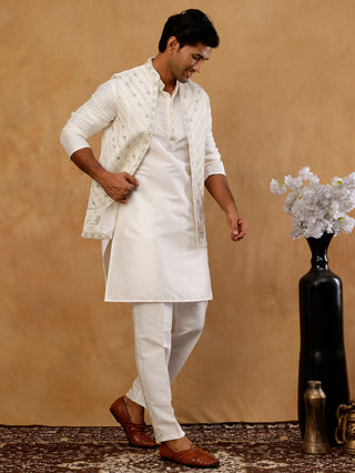 Silk Blend Embroidered Kurta Pyjama & Waistcoat Set