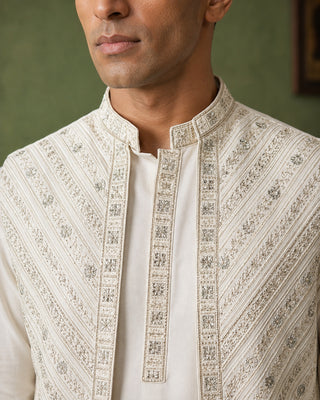Silk Blend Embroidered Kurta Pyjama & Waistcoat Set