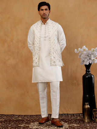 Silk Blend Embroidered Kurta Pyjama & Waistcoat Set