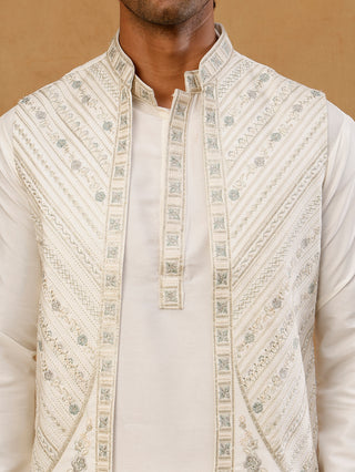 Silk Blend Embroidered Kurta Pyjama & Waistcoat Set