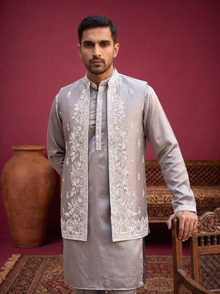 Men's Silk Blend Embroidered Nehru Jacket with Kurta & Pyjama Set