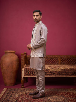 Men's Silk Blend Embroidered Nehru Jacket with Kurta & Pyjama Set