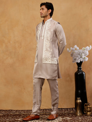 Men's Silk Blend Embroidered Nehru Jacket with Kurta & Pyjama Set