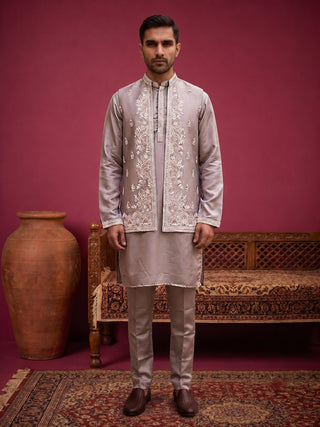 Men's Silk Blend Embroidered Nehru Jacket with Kurta & Pyjama Set