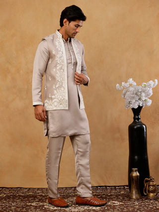 Men's Silk Blend Embroidered Nehru Jacket with Kurta & Pyjama Set
