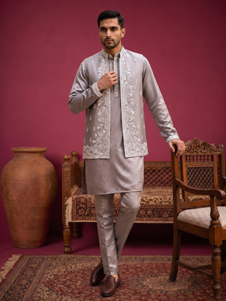 Men's Silk Blend Embroidered Nehru Jacket with Kurta & Pyjama Set