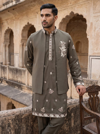 Japanese Fabric Floral Embroidered Kurta Pyjama & Waistcoat Set